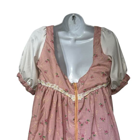 Vintage Pink Prairie Cottagecore Maxi Dress Floral Puff Sleeve Lace Handmade - Picture 5 of 7